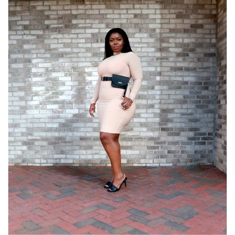 Cream Mock Neck Bodycon Midi Dress BELT IS NOT INCLUDED